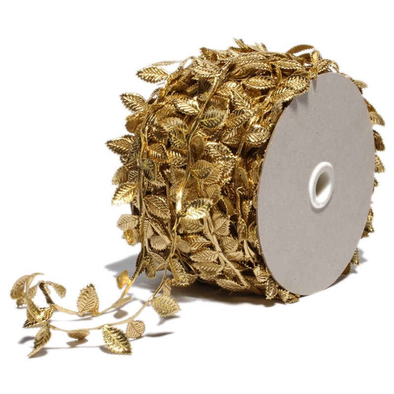 BASOKAN Gold Leaves Leaf Ribbon Trim Rope - 20 Yards - for Garland DIY Crafts and Party Wedding Home Decorations (Gold) - Image 1